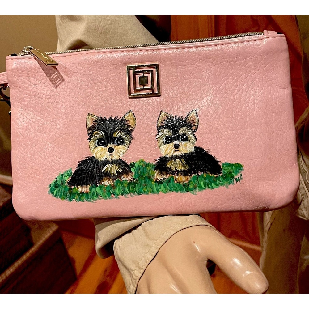 Liz Claiborne Pink Yorkie Wristlet Charger Pocket NWT Artist Signed Dogs